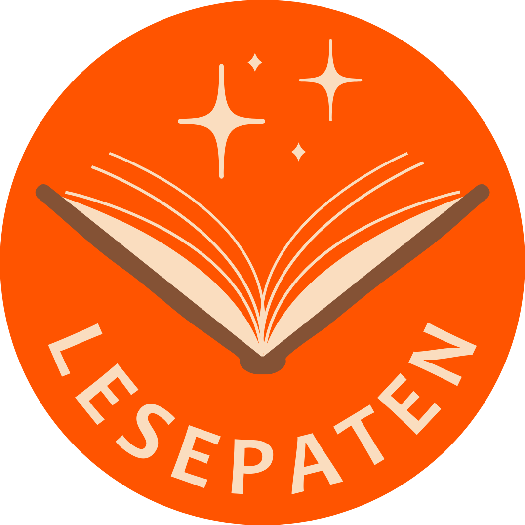 Logo der Lesepate, rund orange mit einem aufgeschlagenen Buch aus dem Sterne aufsteigen